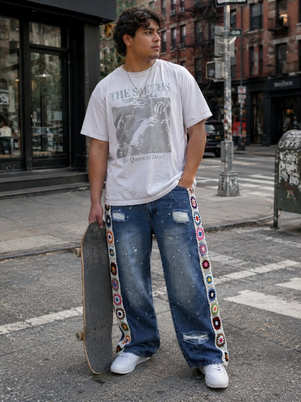 Men's 38/30.5 XL Baggy Distressed Jeans Crochet Streetwear Straight Loose Leg